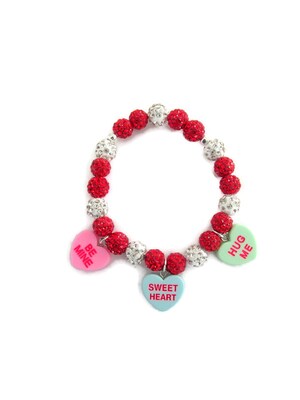 Valentines day charm bracelet, heart bracelet, sparkly bangle, red and silver, valentines day gift for her, stretch, faux candy hearts - image2